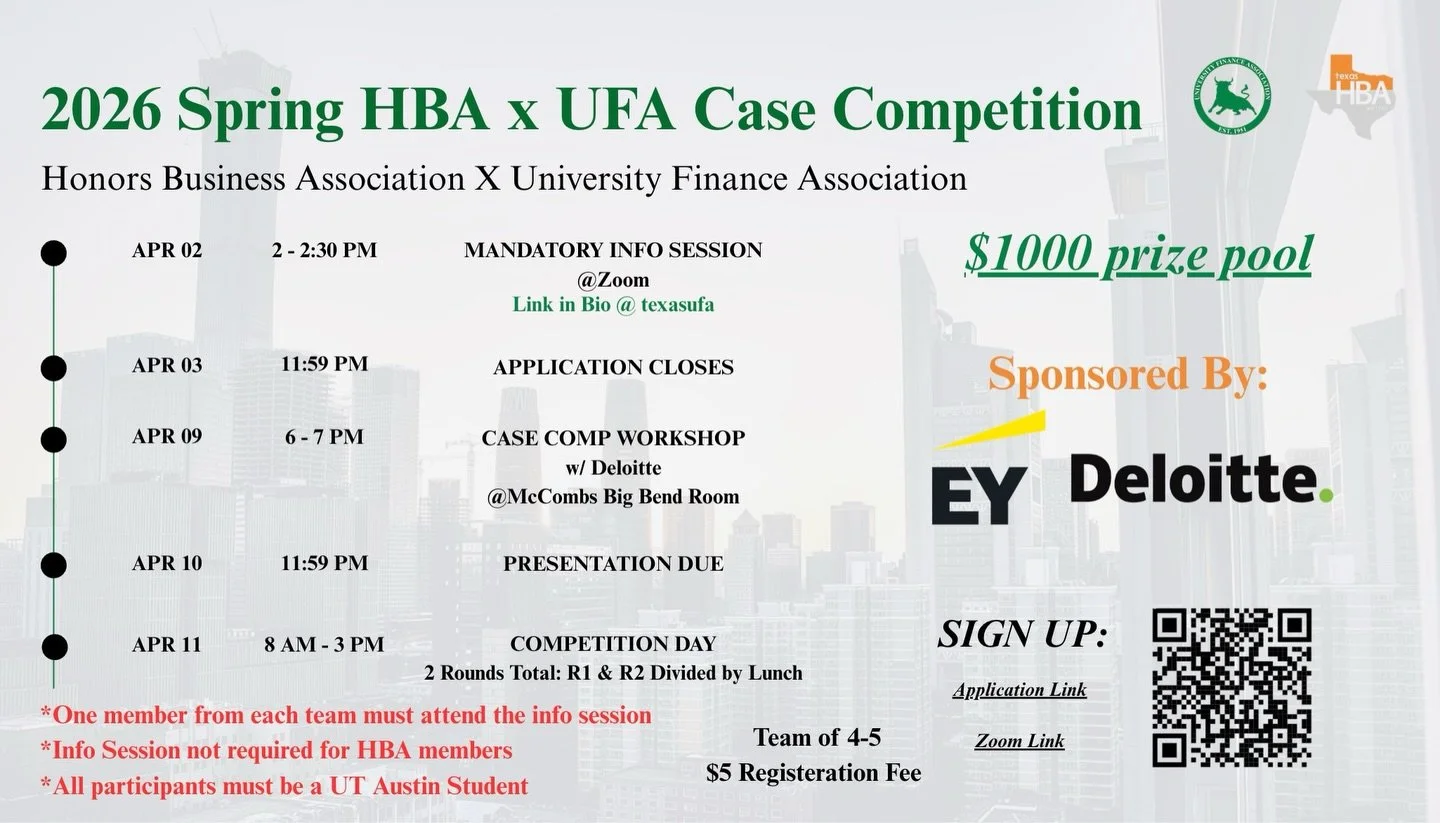 In collaboration with the Honors Business Association and the University Finance Association, this competition is a great opportunity for students to challenge their analytical thinking, apply real-world business concepts, and connect with top firms.
