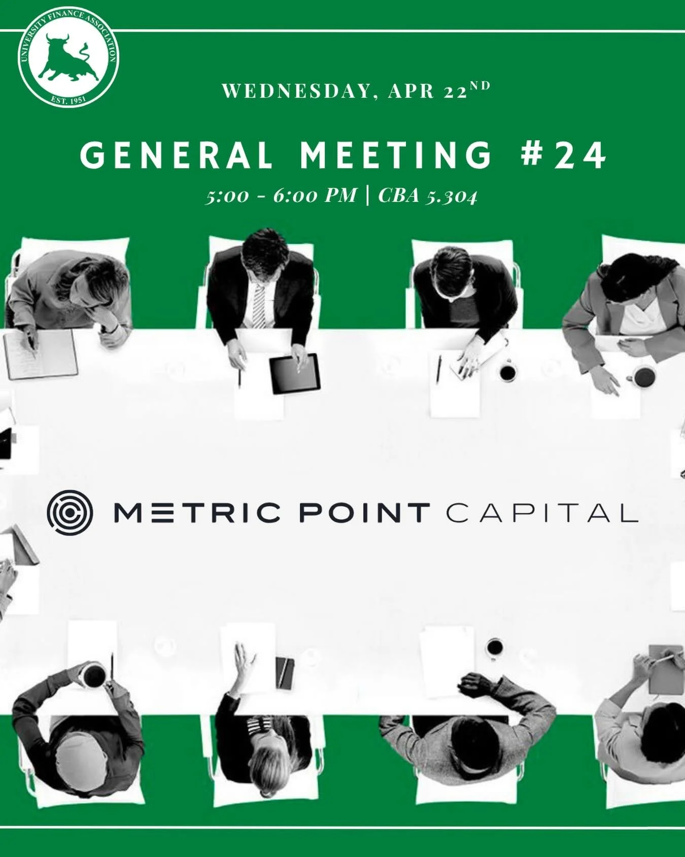 For our last meeting of the semester, we&rsquo;ll be having Metric Point Capital as our final speaker! 

Metric Point is a boutique private capital advisory firm founded in 2017 and headquartered in Austin! The firm has raised over $17B and works wit