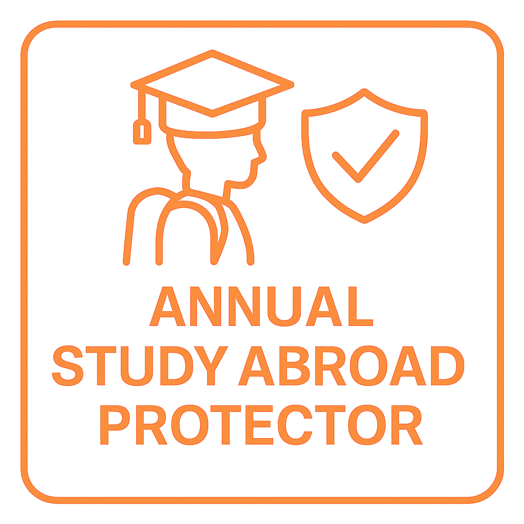 Icon of a person wearing a graduation cap and backpack, with a shield containing a checkmark, and the text 'Annual Study Abroad Protector'.