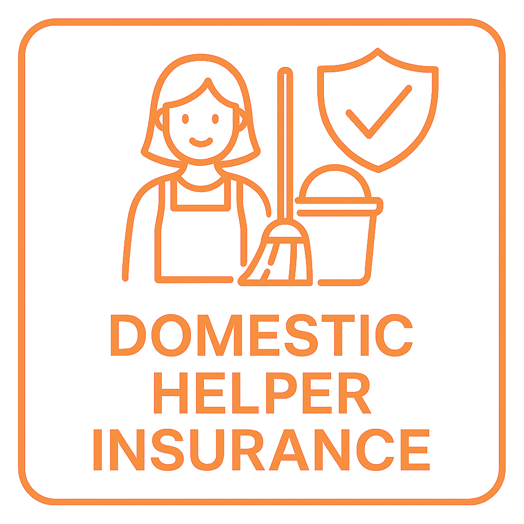 Icon representing a domestic helper with a broom, shield with checkmark, and trash can, with the text 'Domestic Helper Insurance' underneath.