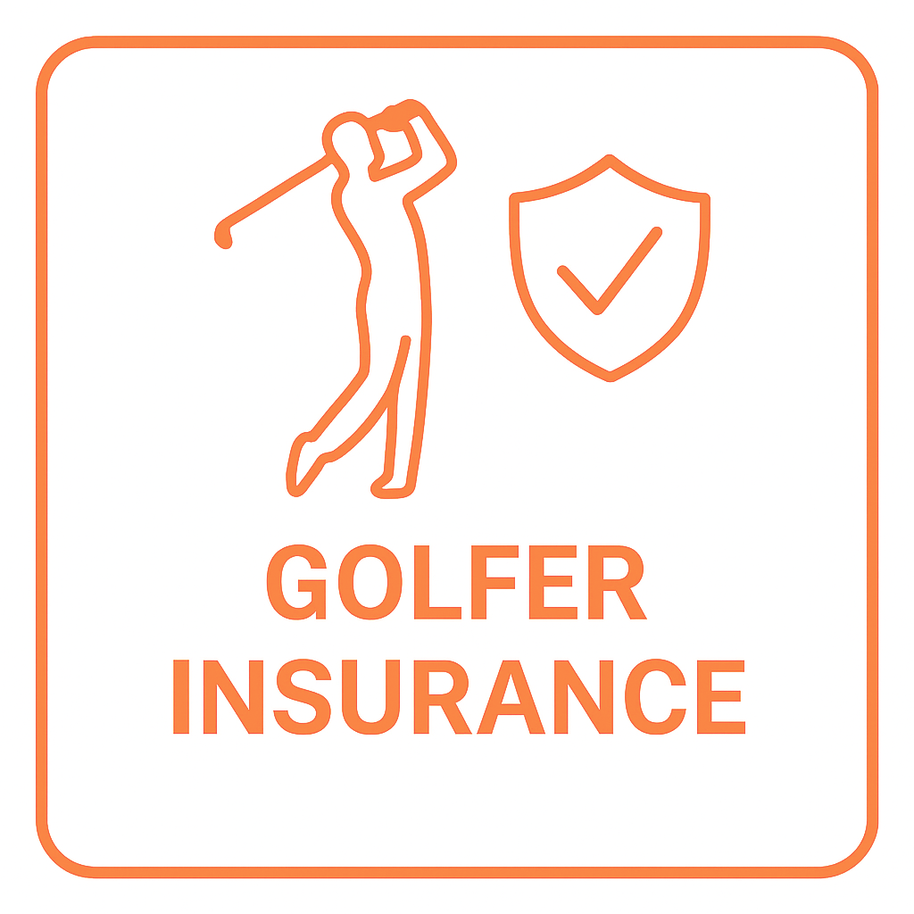 Icon of a golfer swinging a club, shield with a checkmark, and the text 'Golfer Insurance' in orange