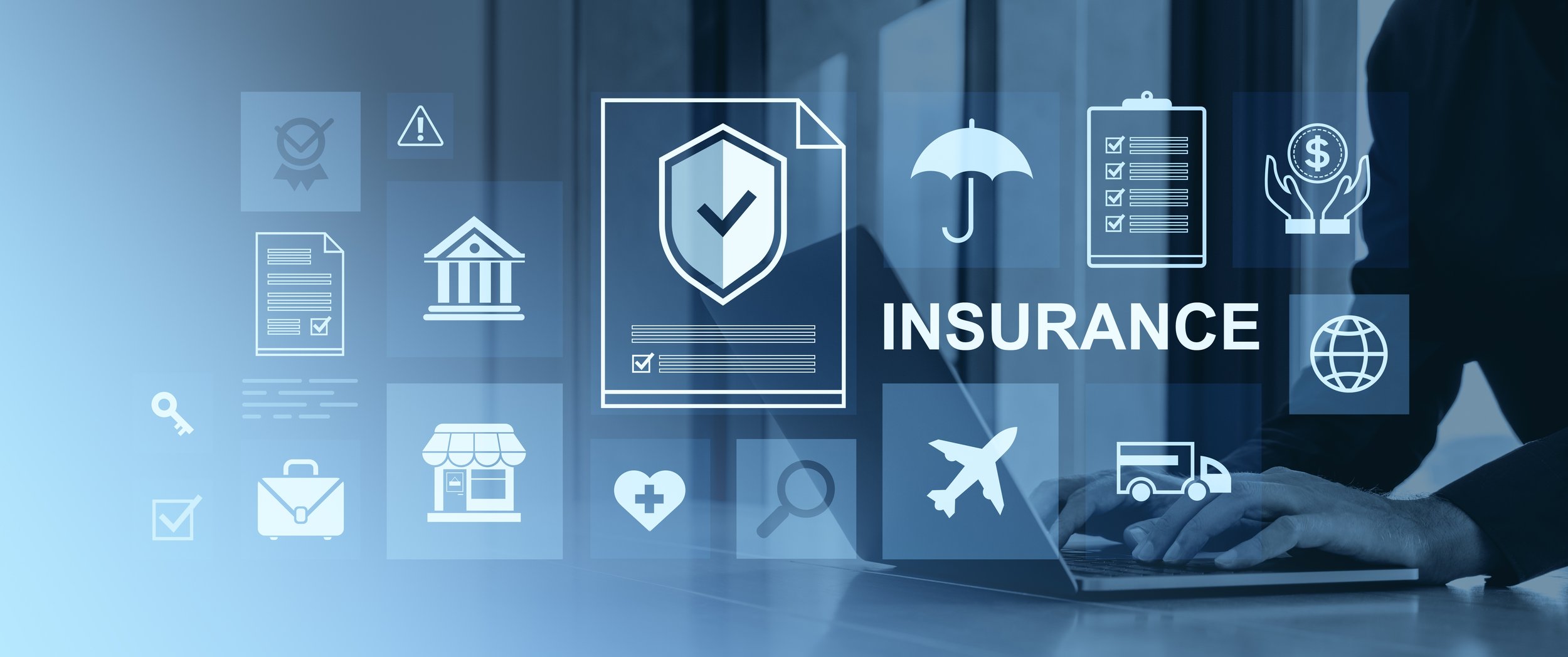 Digital illustration of insurance icons, including a shield with a checkmark, a document, a bank, an umbrella, a checklist, a dollar sign, a globe, an airplane, a truck, a briefcase, a storefront, a heart with a cross, a magnifying glass, a key, and a badge, with the word 'INSURANCE' displayed prominently.