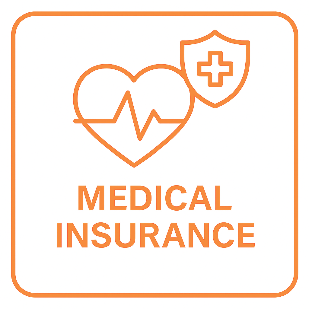 An icon indicating medical insurance, featuring a heart with an electrocardiogram line and a shield with a cross symbol, along with the text 'Medical Insurance'.