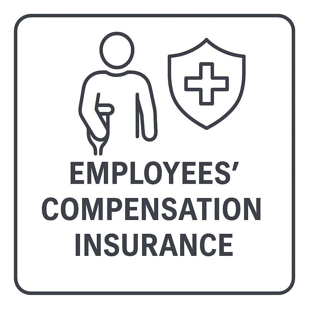 Line drawing of a person with a clipboard or medical card and a shield with a cross, accompanied by the text 'Employees’ Compensation Insurance'