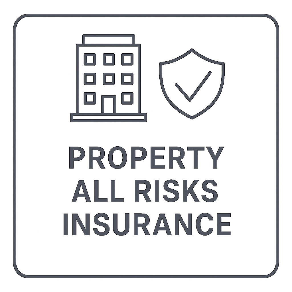 Icon of a building and a shield with a checkmark, with text saying 'Property All Risks Insurance'.