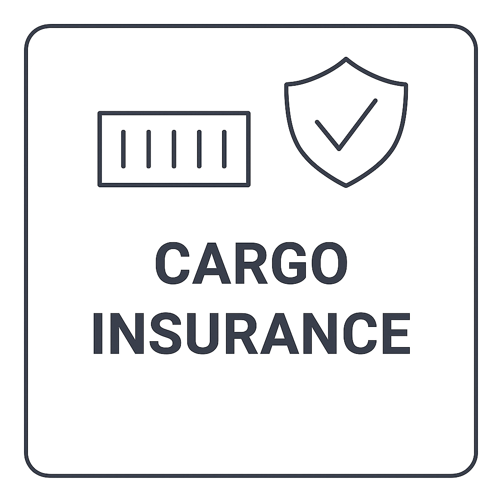Icon representing cargo insurance with a barcode and shield with a checkmark, and the text 'Cargo Insurance'