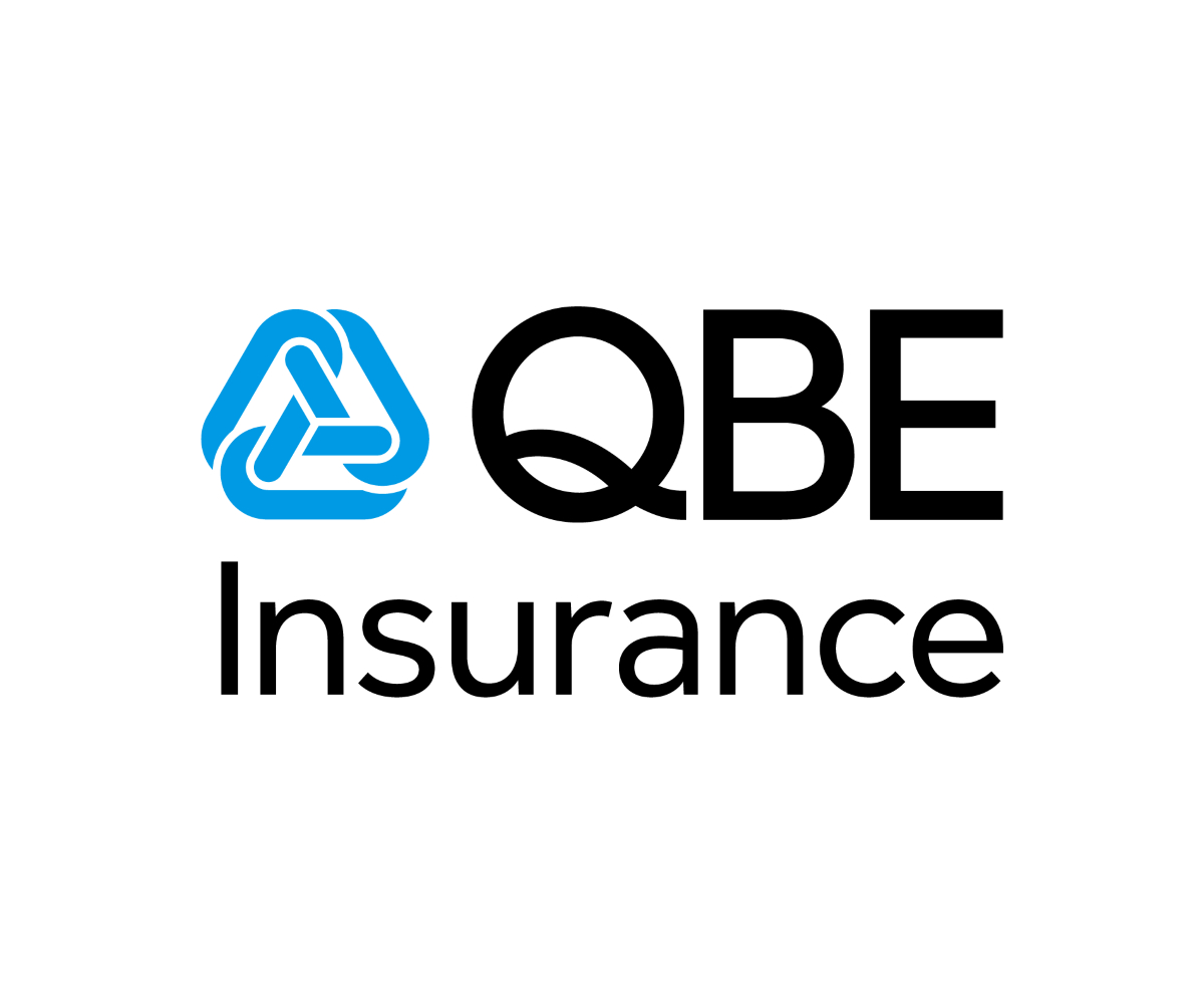 QBE Insurance logo with blue triangular symbol and black text on a black background.