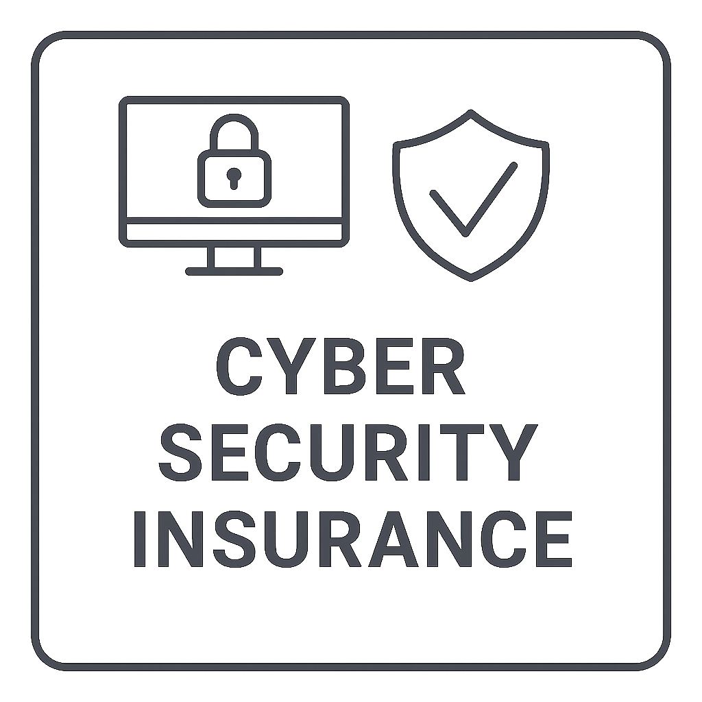 A sign indicating cyber security insurance, featuring icons of a computer with a padlock and a shield with a checkmark.