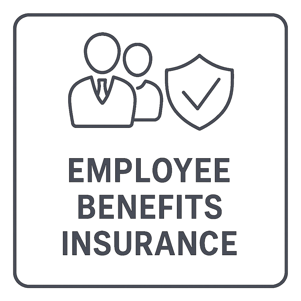 Line drawing of two people with a shield featuring a checkmark, with the text 'Employee Benefits Insurance' below.