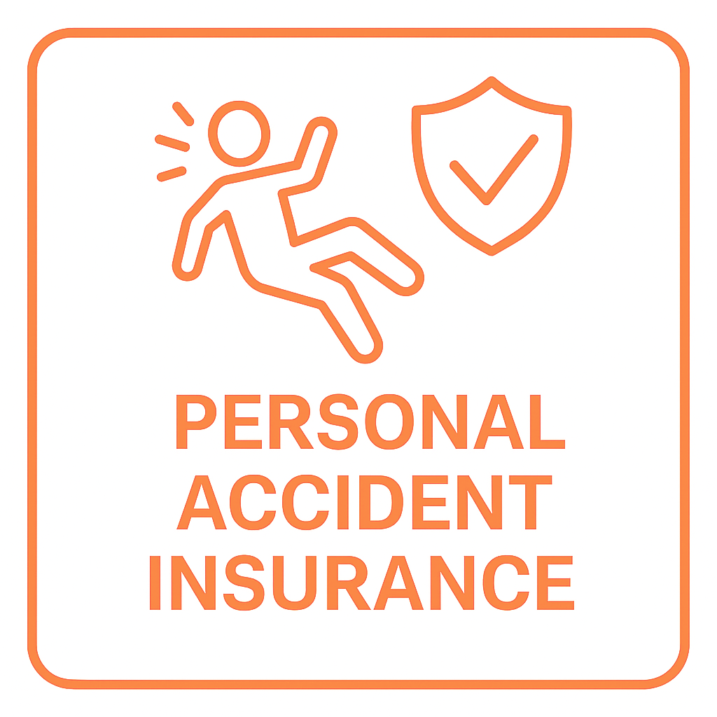 An icon of a falling person with a shield and checkmark, and text that reads "Personal Accident Insurance" in orange.