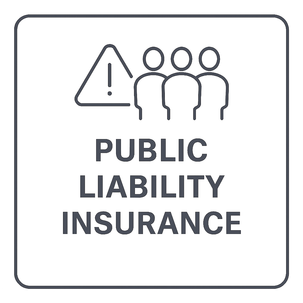 Sign indicating public liability insurance with a warning triangle and three figures of people.