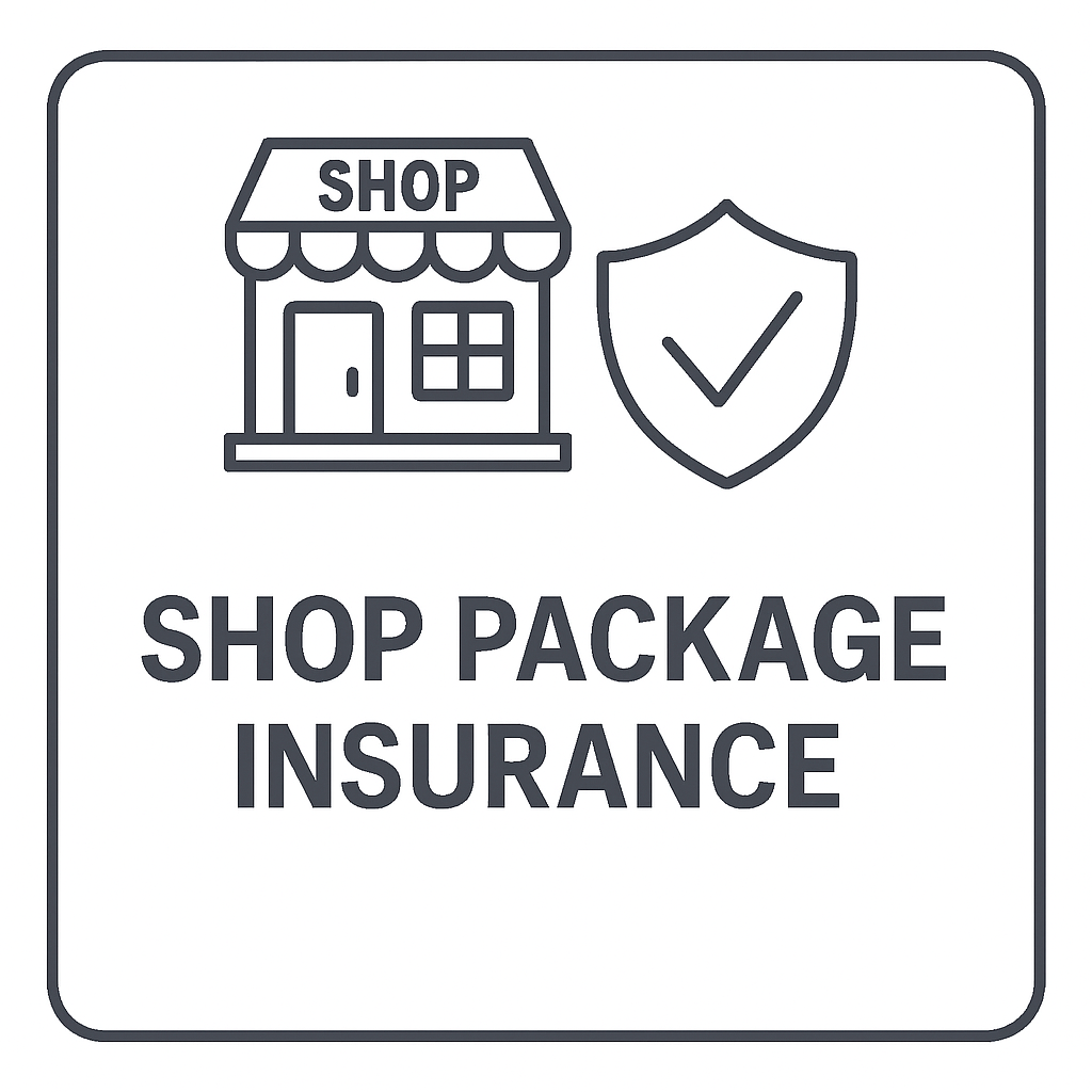 Icon of a shop with a shield and checkmark, and text that reads 'Shop Package Insurance'.