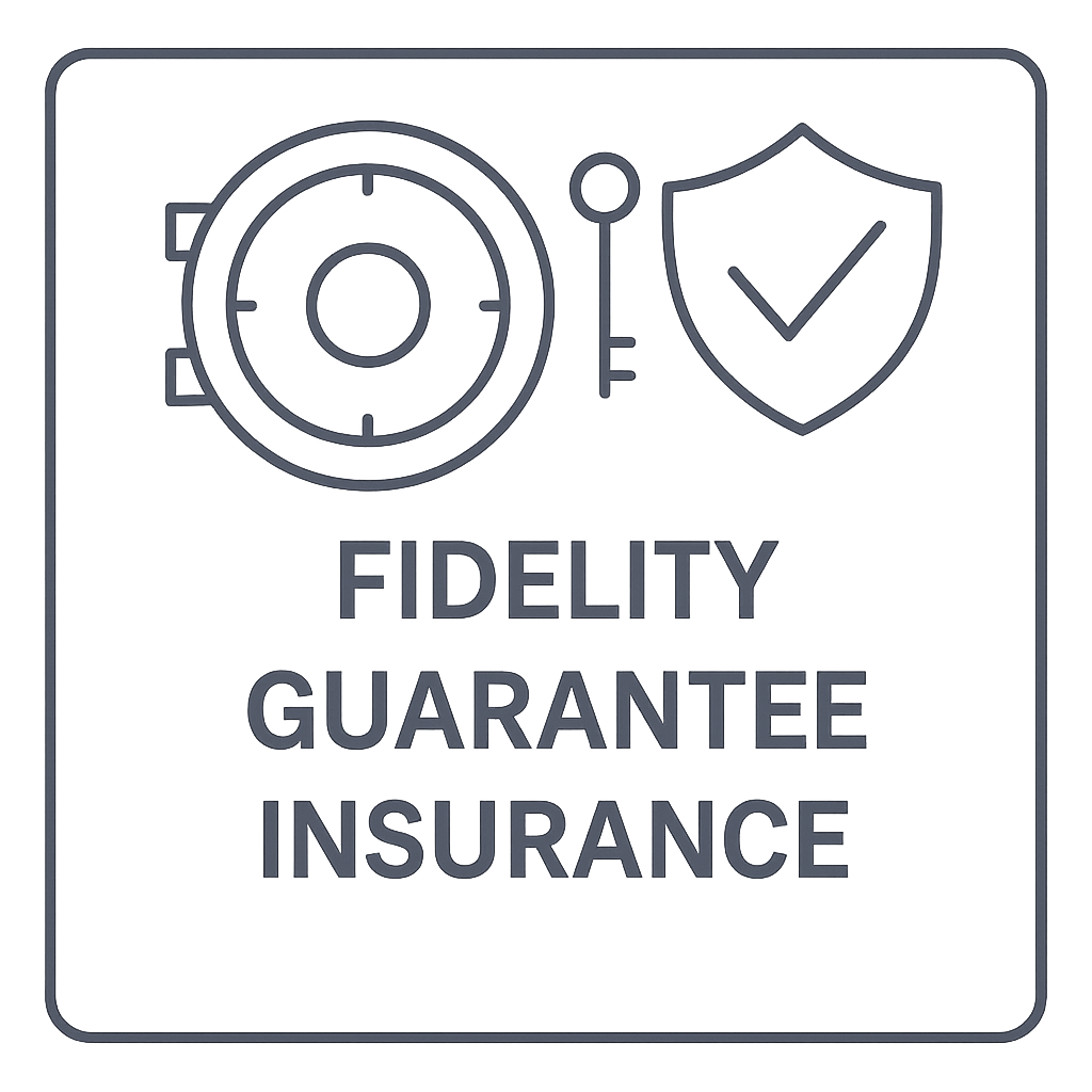Icon representing a safe, a key, and a shield with a check mark, with the text 'Fidelity Guarantee Insurance'.