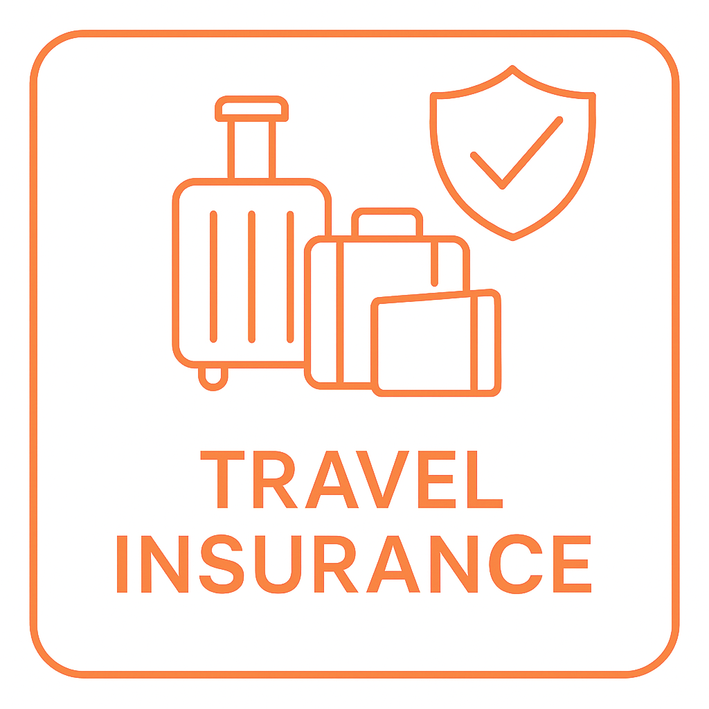 Orange line drawing of three pieces of luggage and a shield with a check mark, with the words "Travel Insurance" below.