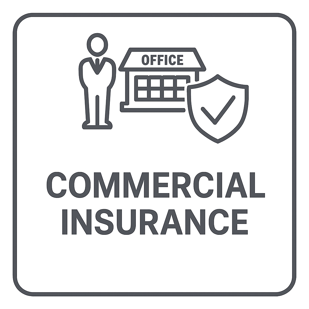 Icon representing a person, an office building, and a shield with a checkmark, with the text 'Commercial Insurance' below.