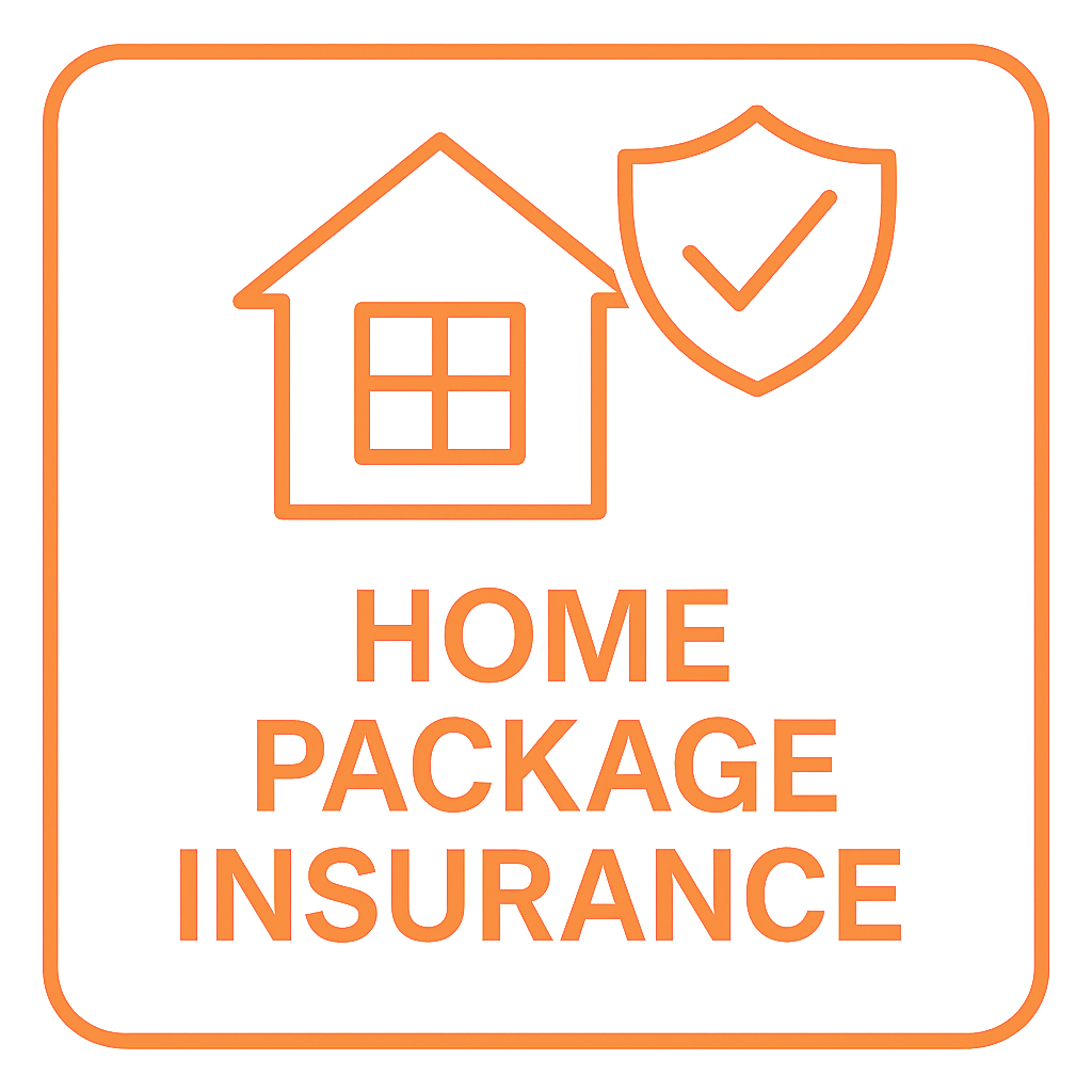 Illustration of a house with a shield and checkmark, along with the text "Home Package Insurance" in orange, enclosed in an orange border.