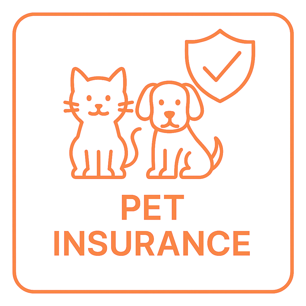 Line art illustration of a cat and a dog, with a shield and checkmark above them, and the words "Pet Insurance" below.