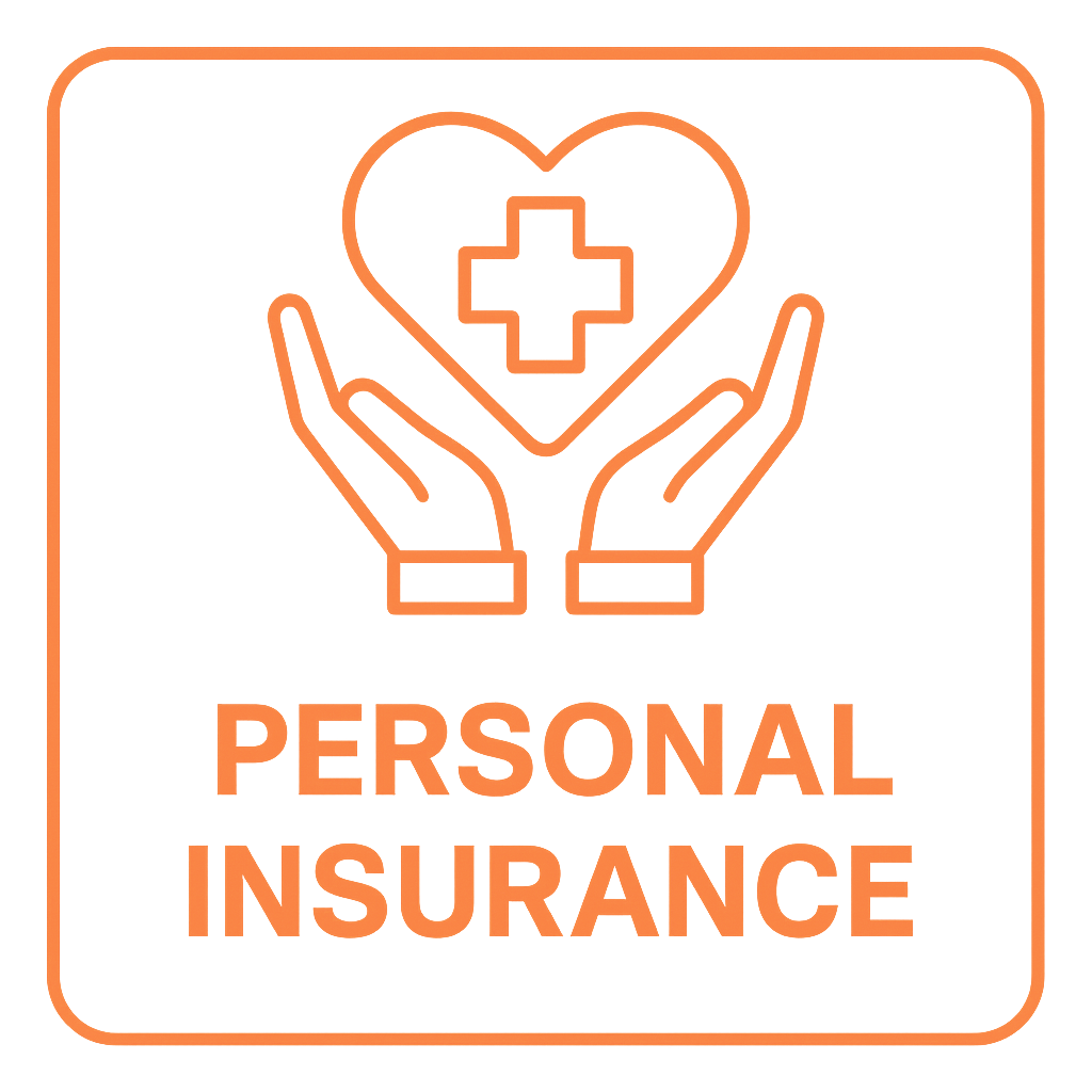 Icon of two hands holding a heart with a medical cross inside, and the words "Personal Insurance" below, all outlined in orange.