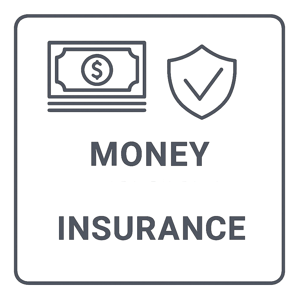 Outline icon of a dollar bill and a shield with a checkmark, with the text 'Money Insurance' beneath.