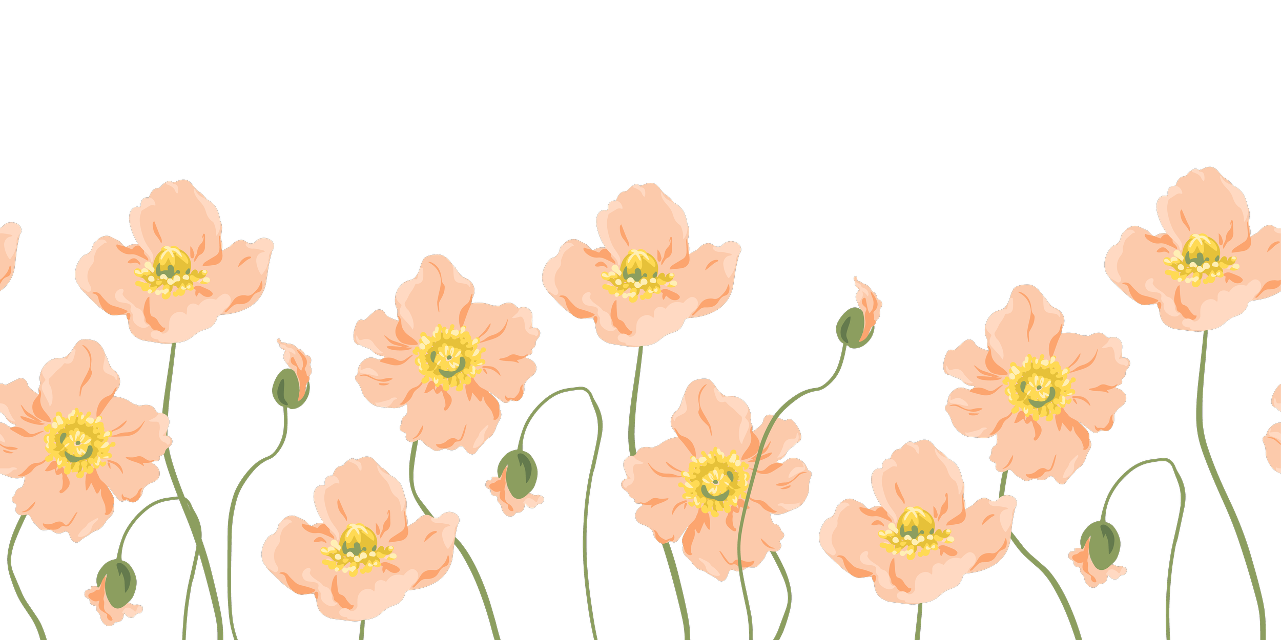 Pattern of peach-colored poppy flowers with yellow centers on a black background.