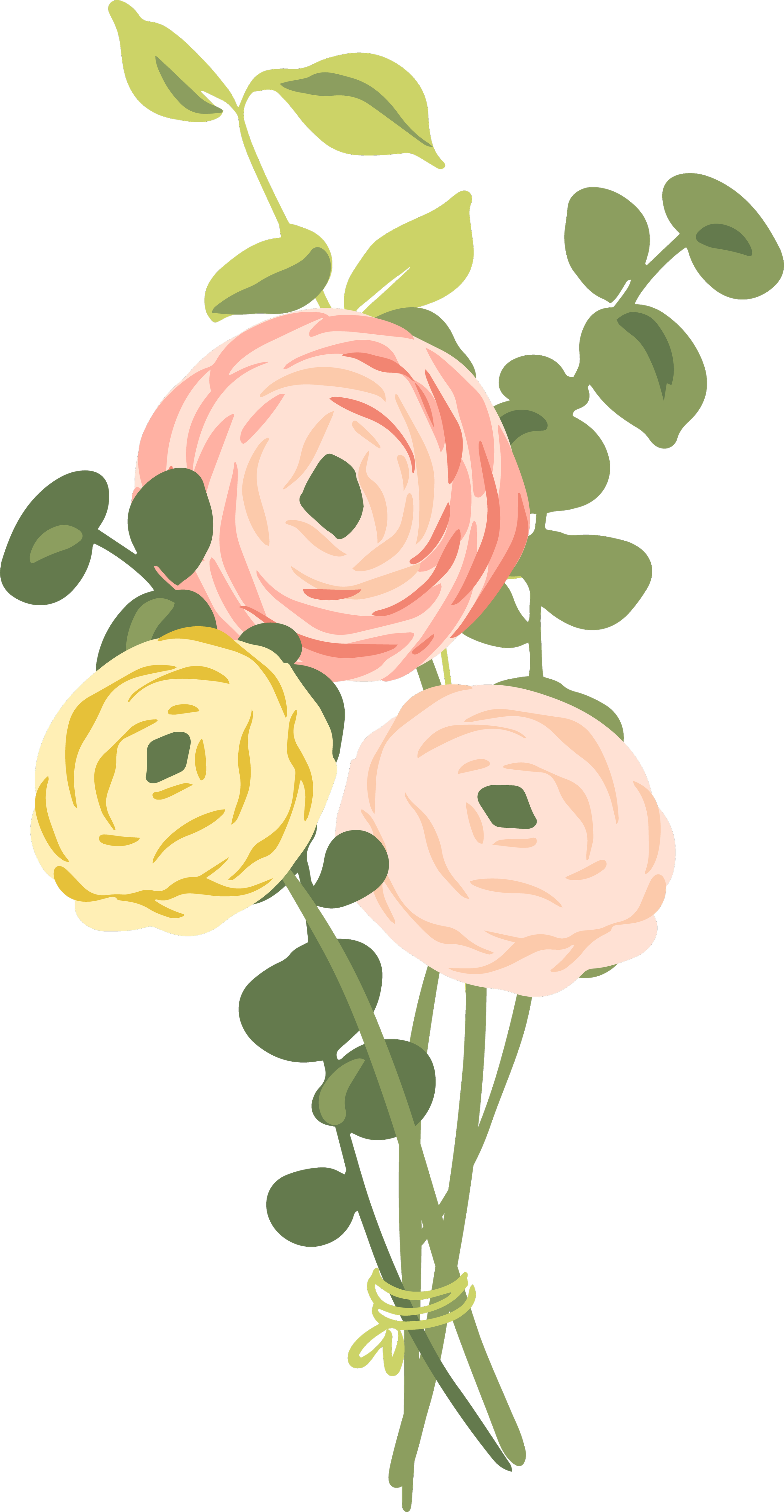 Digital illustration of a bouquet with three large roses, one pink and two yellow, surrounded by green leaves, tied with a yellow ribbon.