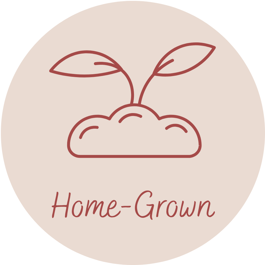 Simple line drawing of a small plant sprouting from soil with the text 'Home-Grown' below, on a beige circular background.