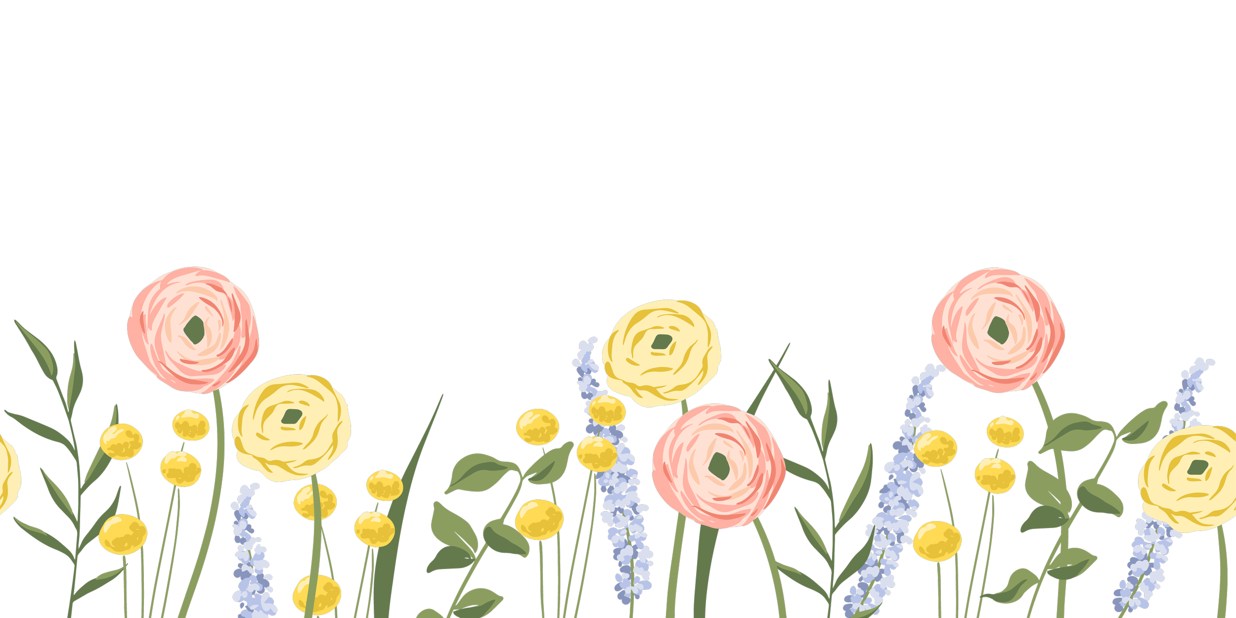 Digital illustration of various flowers, including pink and yellow ranunculus and purple lavender.