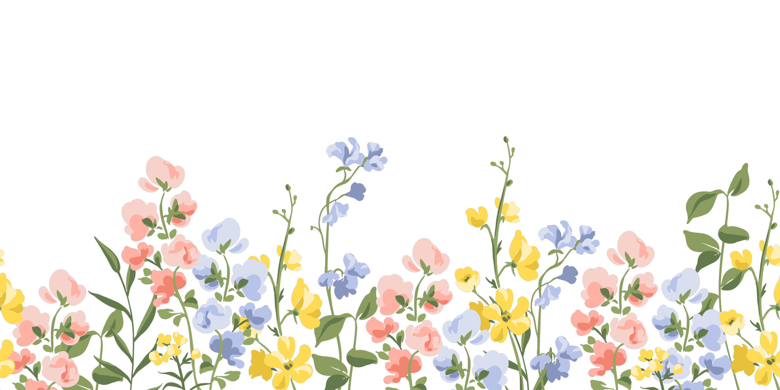 Illustration of a colorful floral border with pastel pink, yellow, and blue flowers on a black background.