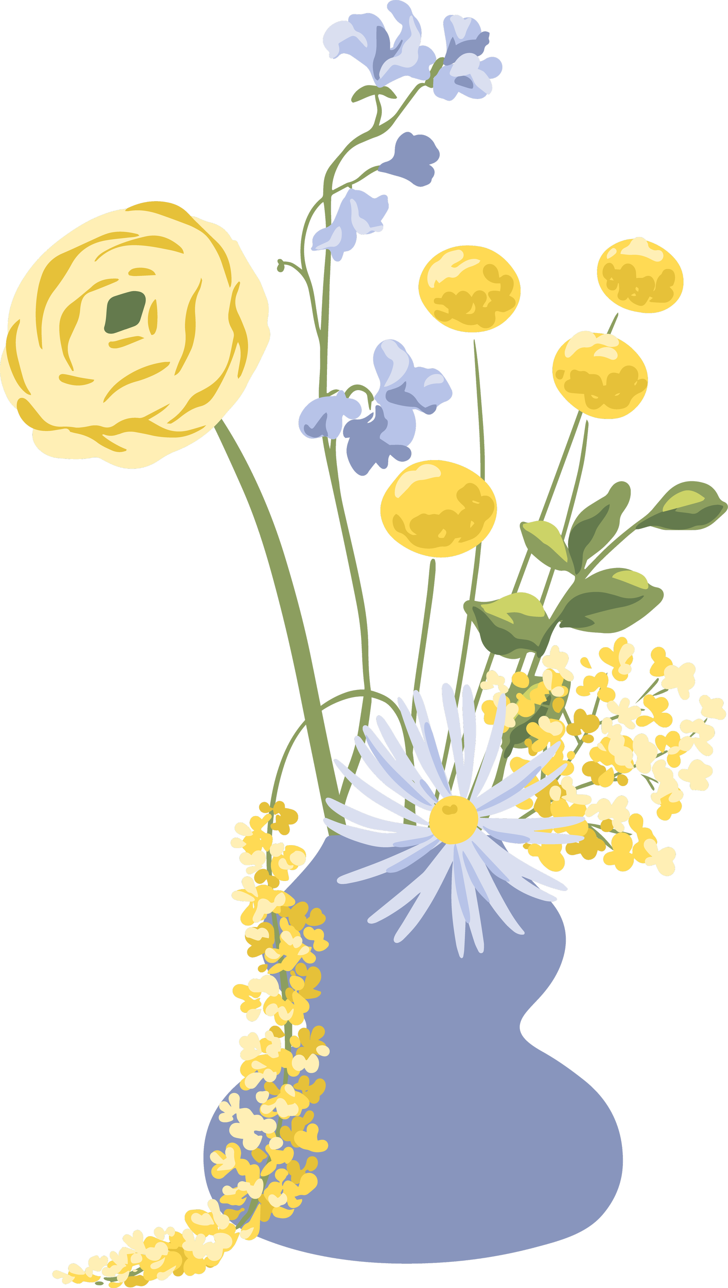 A digital illustration of a blue vase filled with various yellow and purple flowers against a black background.