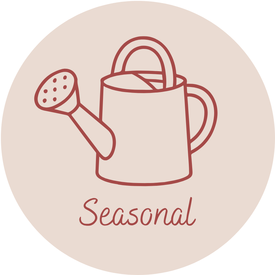 A minimalist illustration of a watering can with a hose attachment and the word "Seasonal" written below, on a light beige circular background.