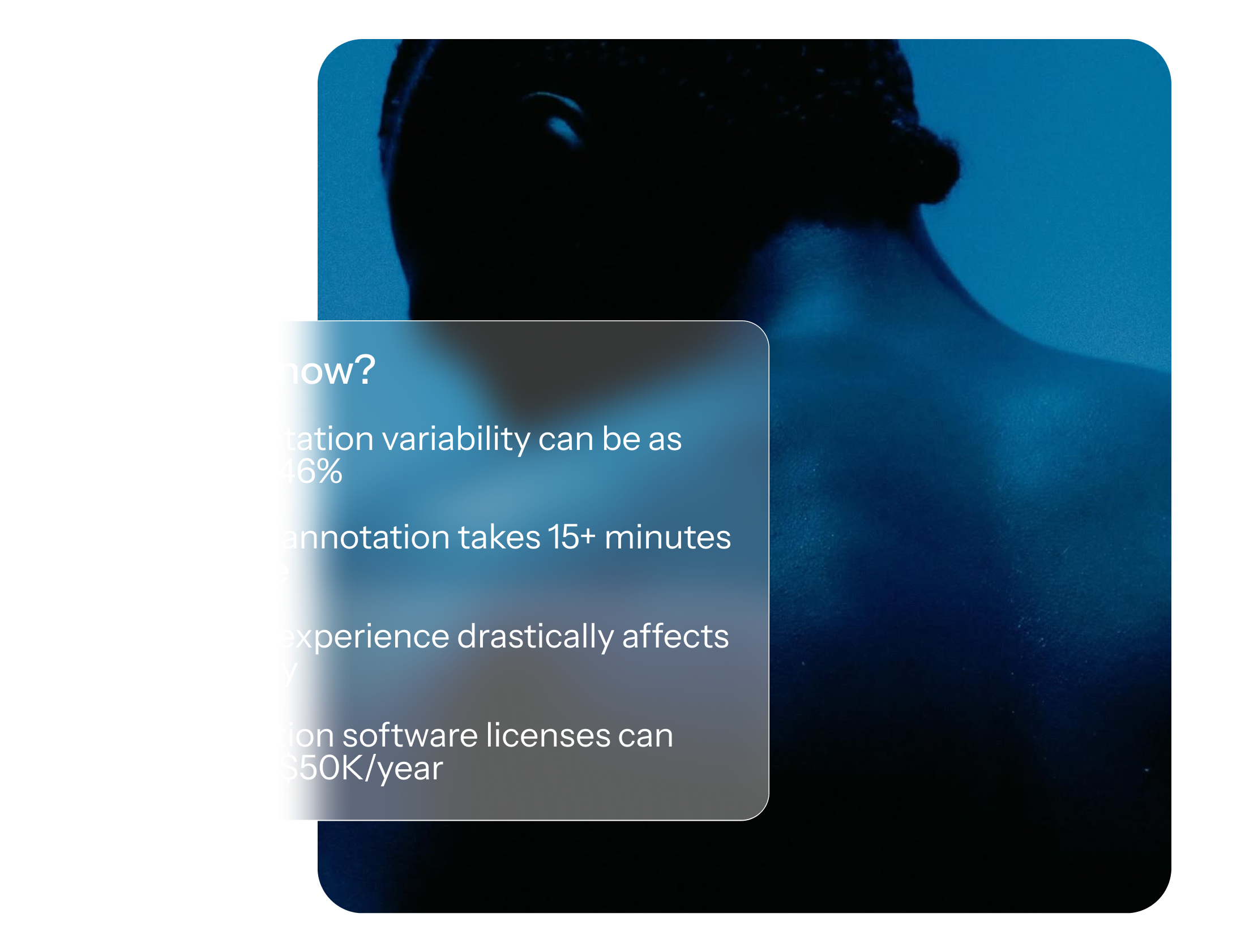 A close-up of a person's neck and shoulder illuminated with blue lighting; overlayed with a semi-transparent white text box containing text about data annotation and licensing.