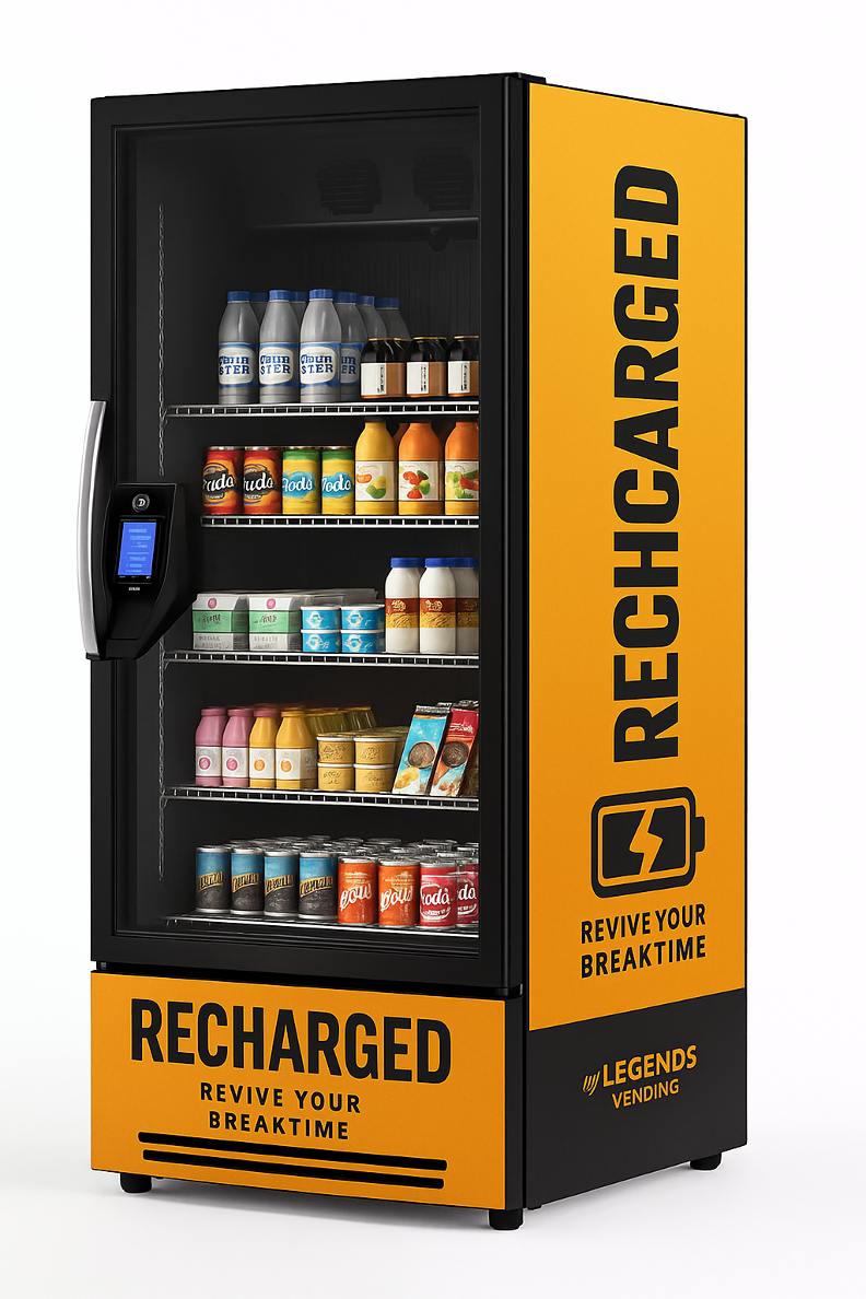 Een automaat/  Smart vending koelkast met AI-gestuurde inventaris en cashless betaling, gevuld met frisdrank en snacks in een oranje-zwart branded ontwerp ‘Recharged by Legends Vending’.