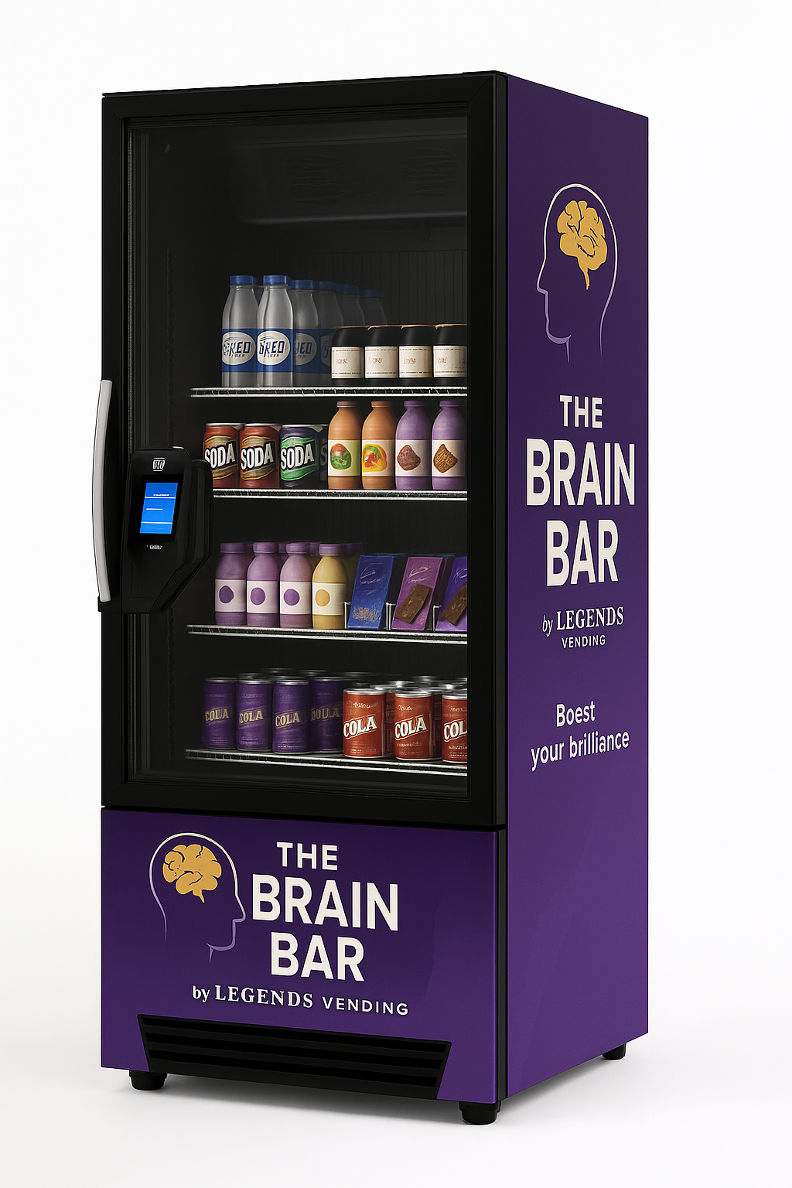 Een autommaat/ Slimme koelkast ‘The Brain Bar’ met paars design, gevuld met melk, energiedrank, frisdrank en snacks; uitgerust met branding die mentale focus en creativiteit stimuleert. 365 Pico Cooler achterkant mogelijk gebruikt.