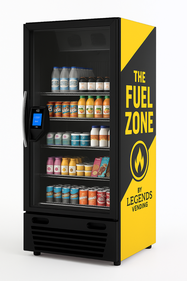Sportieve snack- en drankkoelautomaat ‘The Fuel Zone’ met gele branding en vlamlogo, uitgerust met energiedranken en eiwitrijke snacks – perfect voor fitnesslocaties of sportclubs.