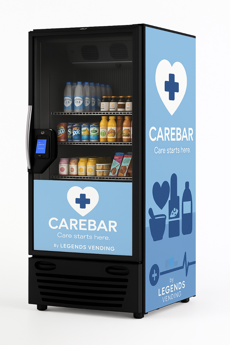 Medische slimme drankautomaat ‘CareBar’ met witte en blauwe branding, met zuivel, yoghurt, sap en functionele dranken; uitgerust met 365 Pico Cooler of Vendsys koelsysteem voor ziekenhuizen of zorginstellingen.