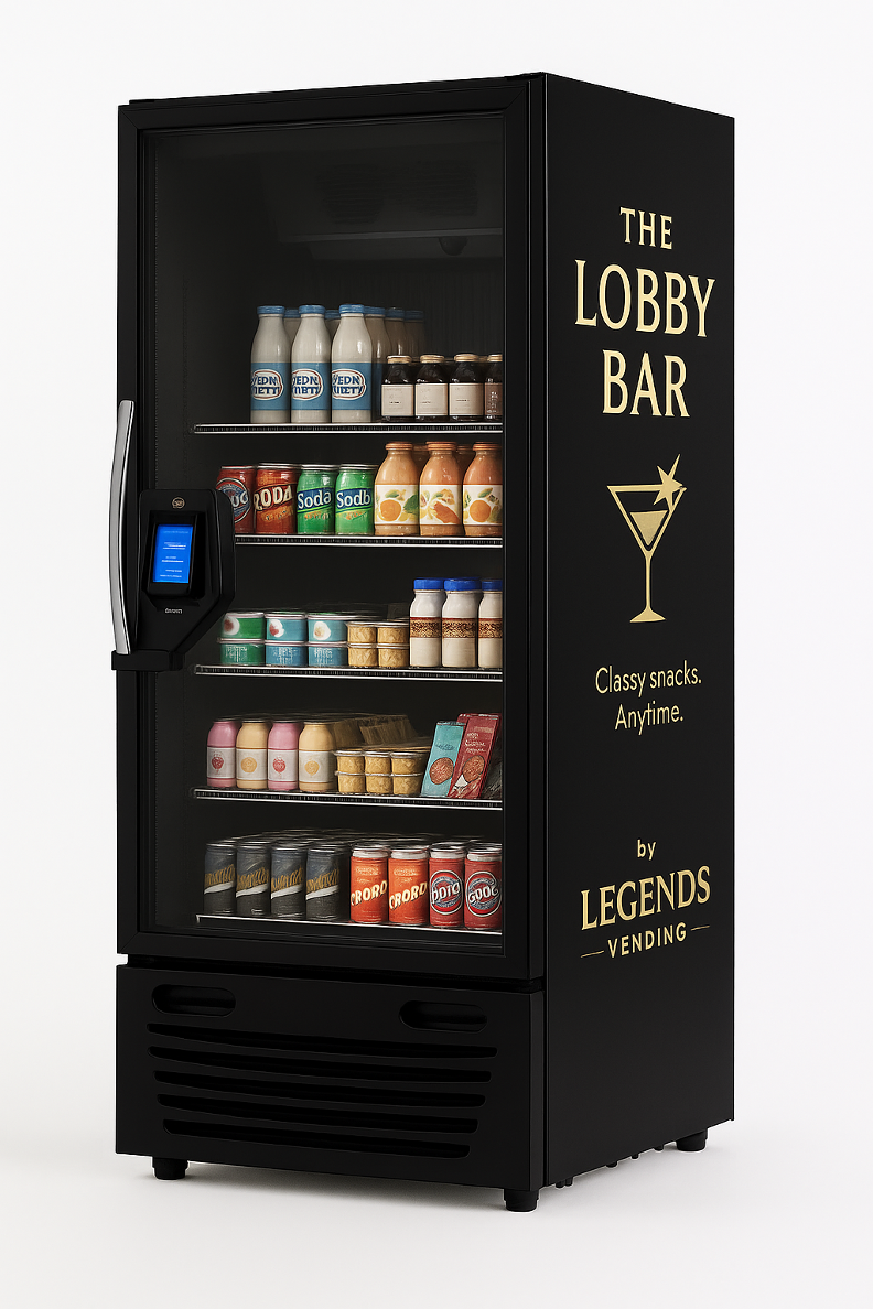 365 Pico Cooler geïnstalleerd als ‘The Lobby Bar’, gevuld met snacks en drank, in zwart design met elegant touchscreen betaalsysteem en tagline “Anytime. by Legends Vending”.