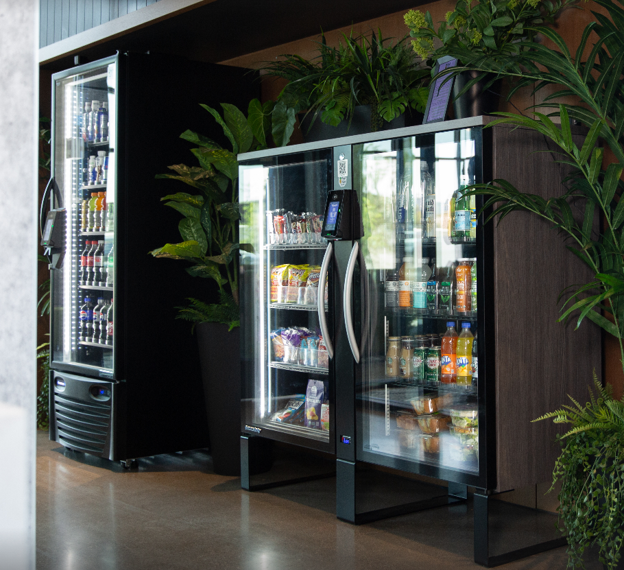 Twee glazen gekoelde voedsel- en drankautomaten naast een muur met groene planten.