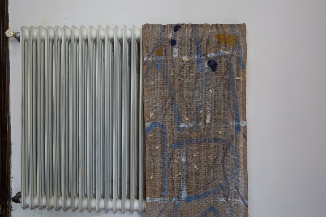 Space column, textile paint and felt on jute, 2018