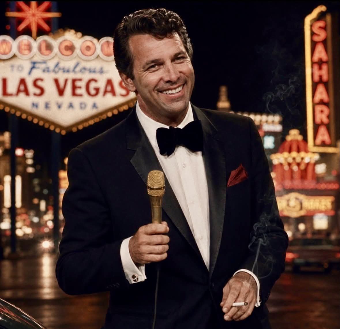 A man wearing a tuxedo holding a microphone and a cigarette, standing in front of the Las Vegas sign at night.