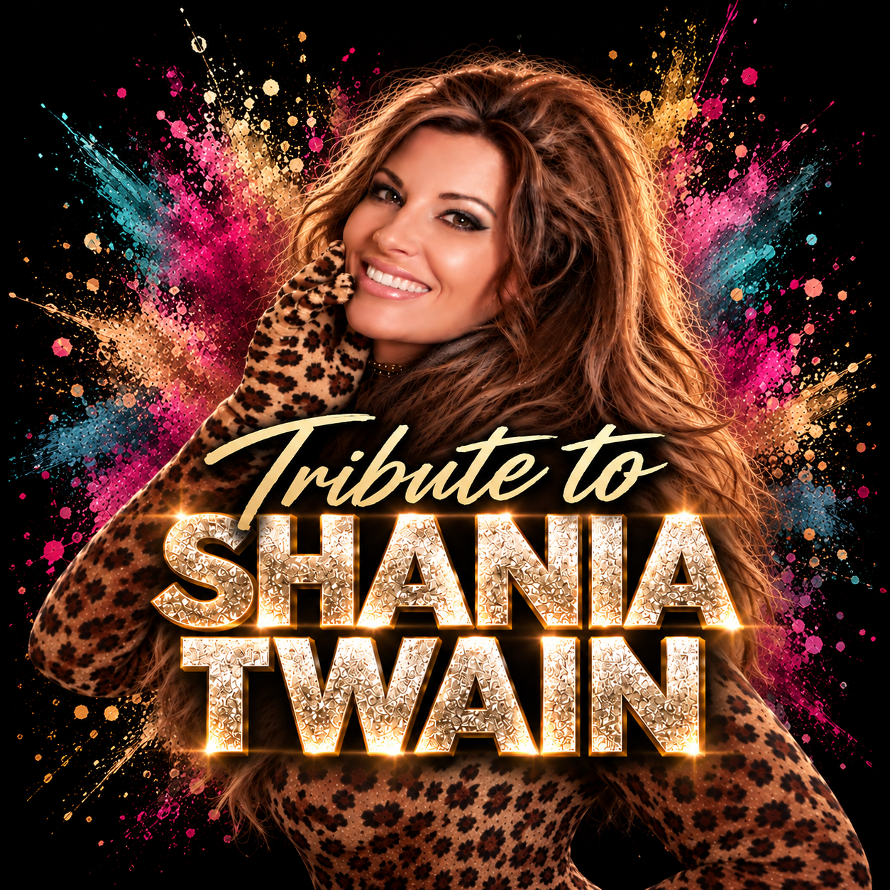 A woman with long, curly hair dressed in a leopard print top and glove, smiling, with colorful splashes of paint in the background. Text overlay reads, 'Tribute to Shania Twain.'