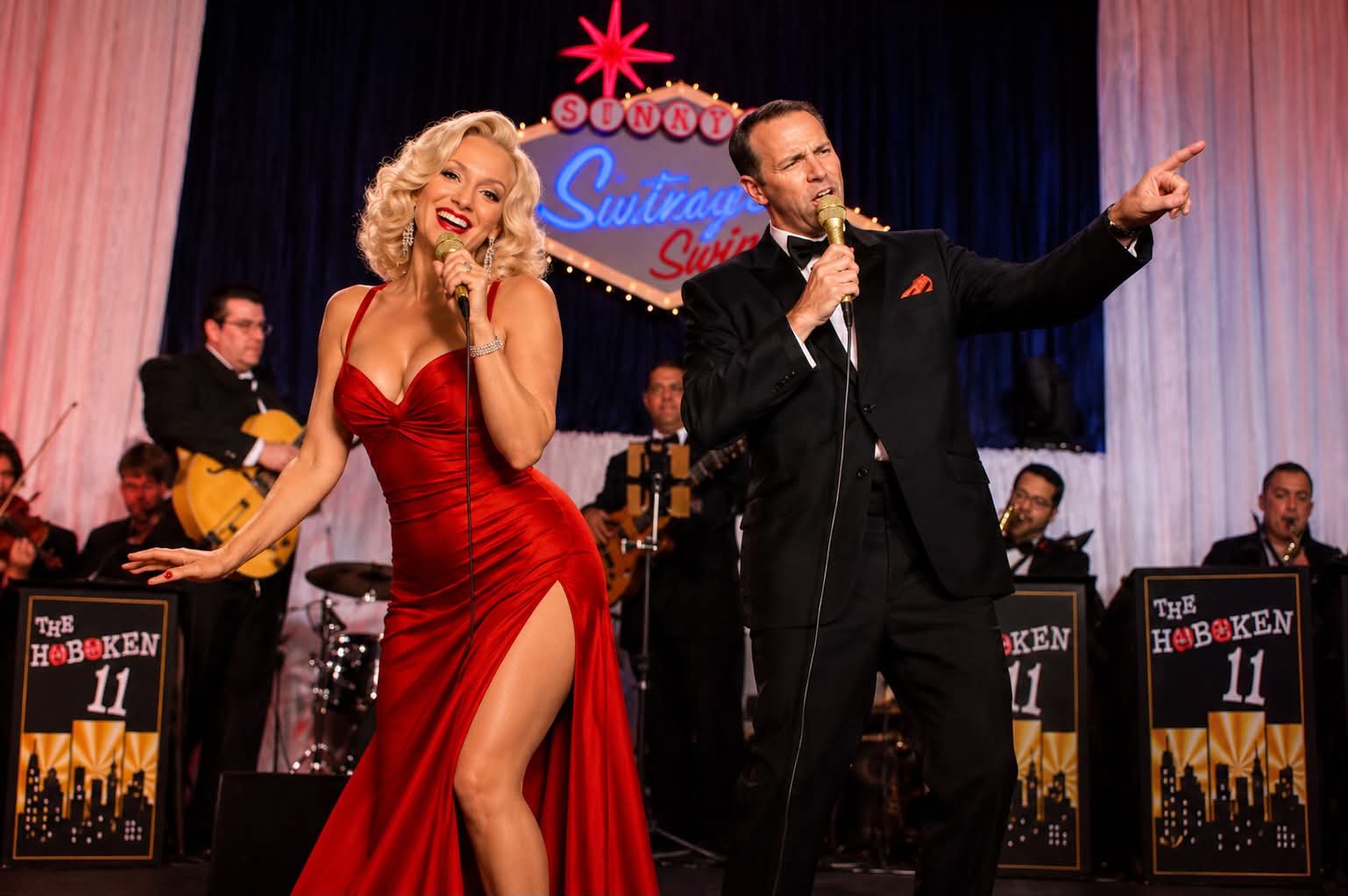 Actors singing on stage in front of a big band; woman in a red dress with a slit singing into a microphone, man in a black tuxedo with an orange pocket square speaking into another microphone; sign behind them reads 'SINY Swing' and signs on music st