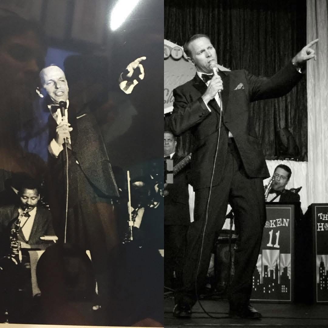Side-by-side black and white photos of a man singing into a microphone on stage, dressed in a tuxedo with a bow tie, in different eras.