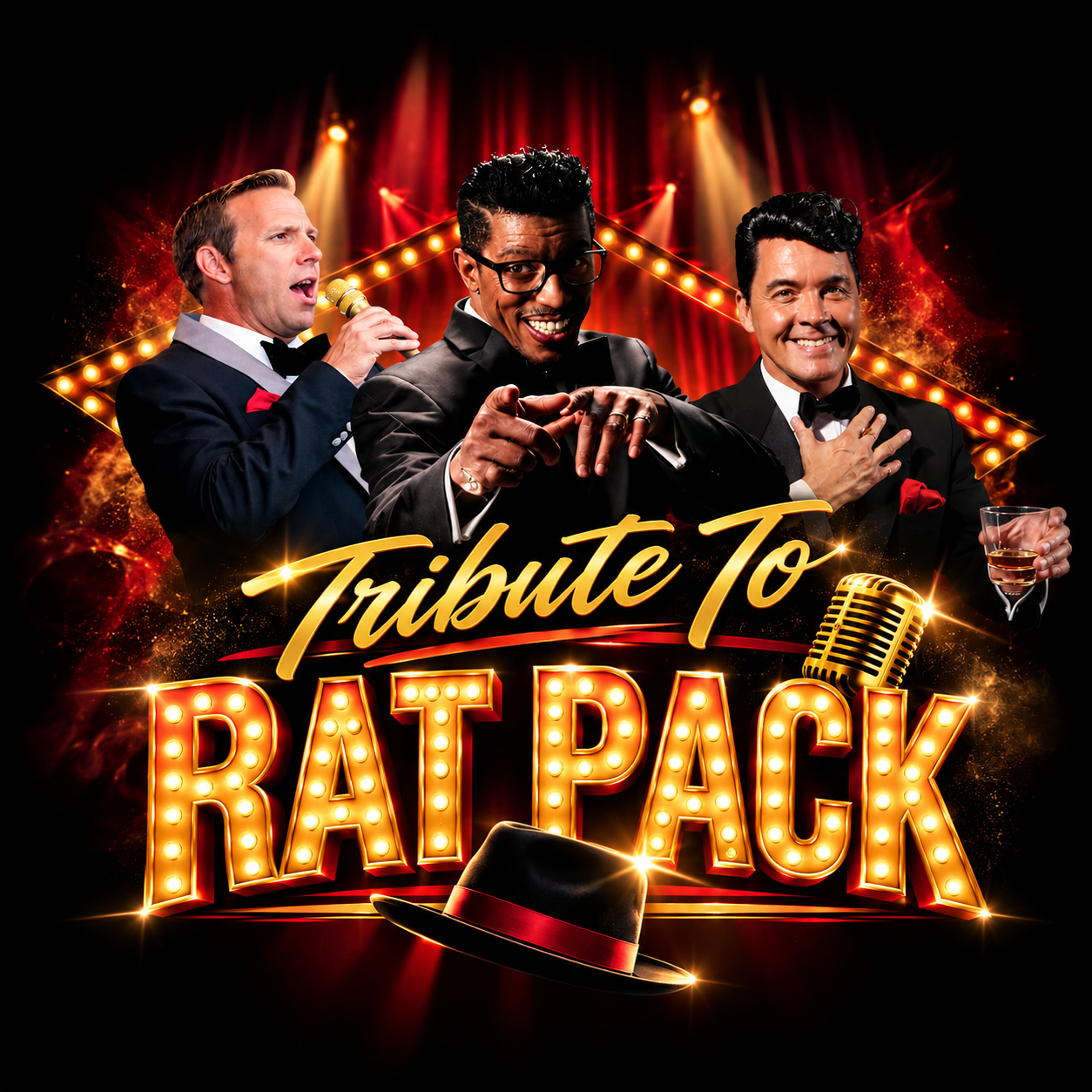 A promotional poster featuring three men in tuxedos performing on stage, with bright lights and a red and gold color scheme. Text reads "Tribute To RAT PACK" with a vintage microphone and a fedora hat.