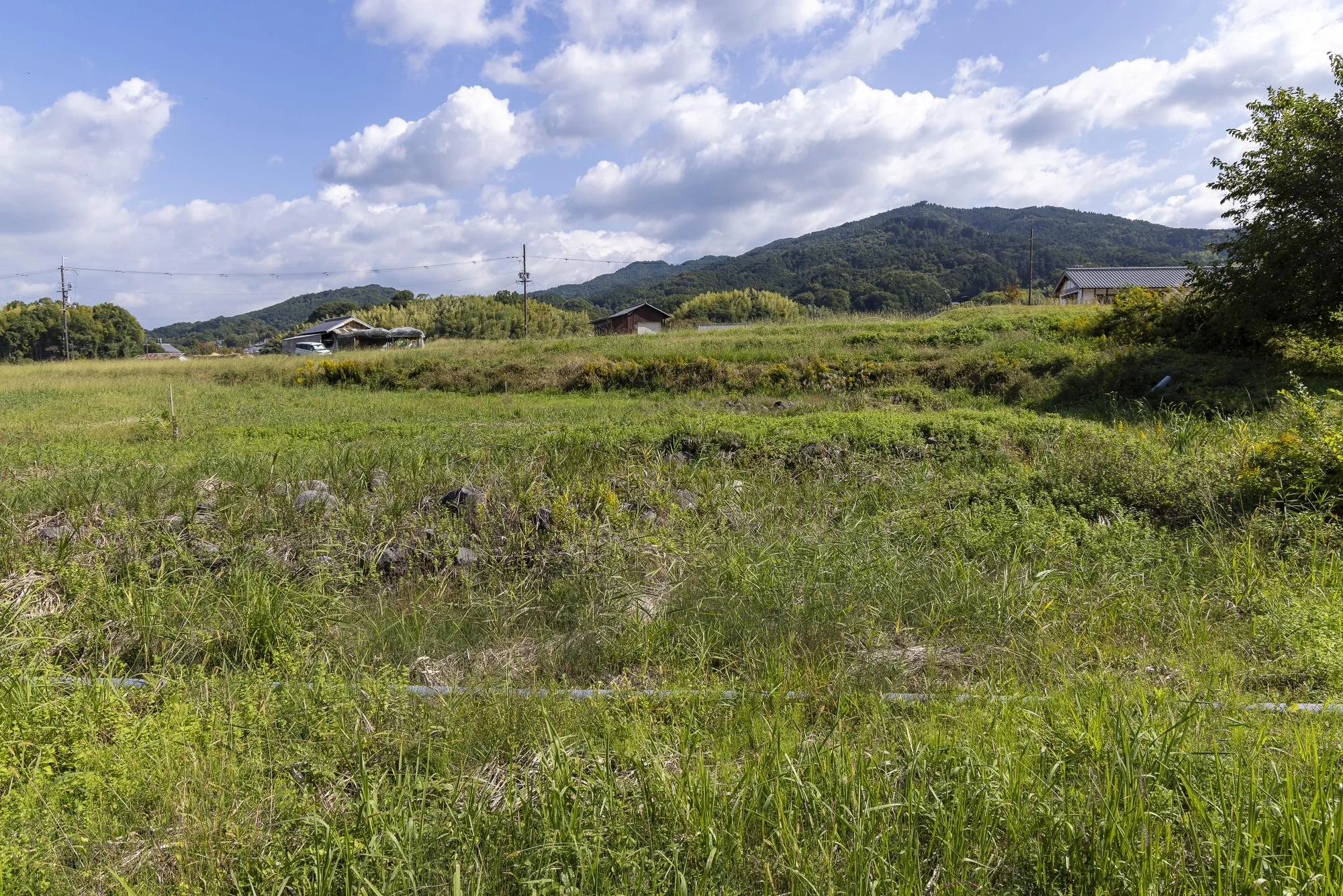 A rural landscape with green grassy fields, scattered small buildings, power lines, and a mountain range in the background under a partly cloudy sky.