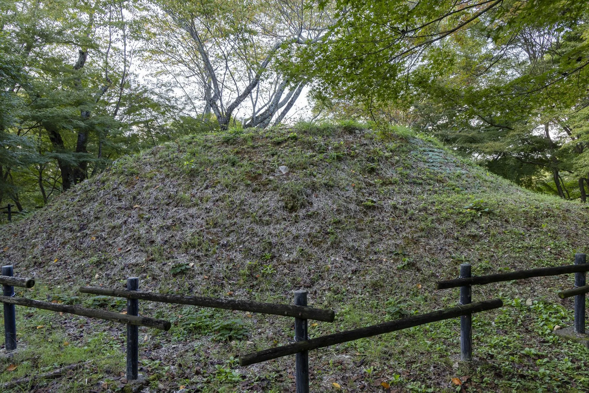 An ancient burial mound surrounded by a black wooden fence, located in a park with trees and green foliage.