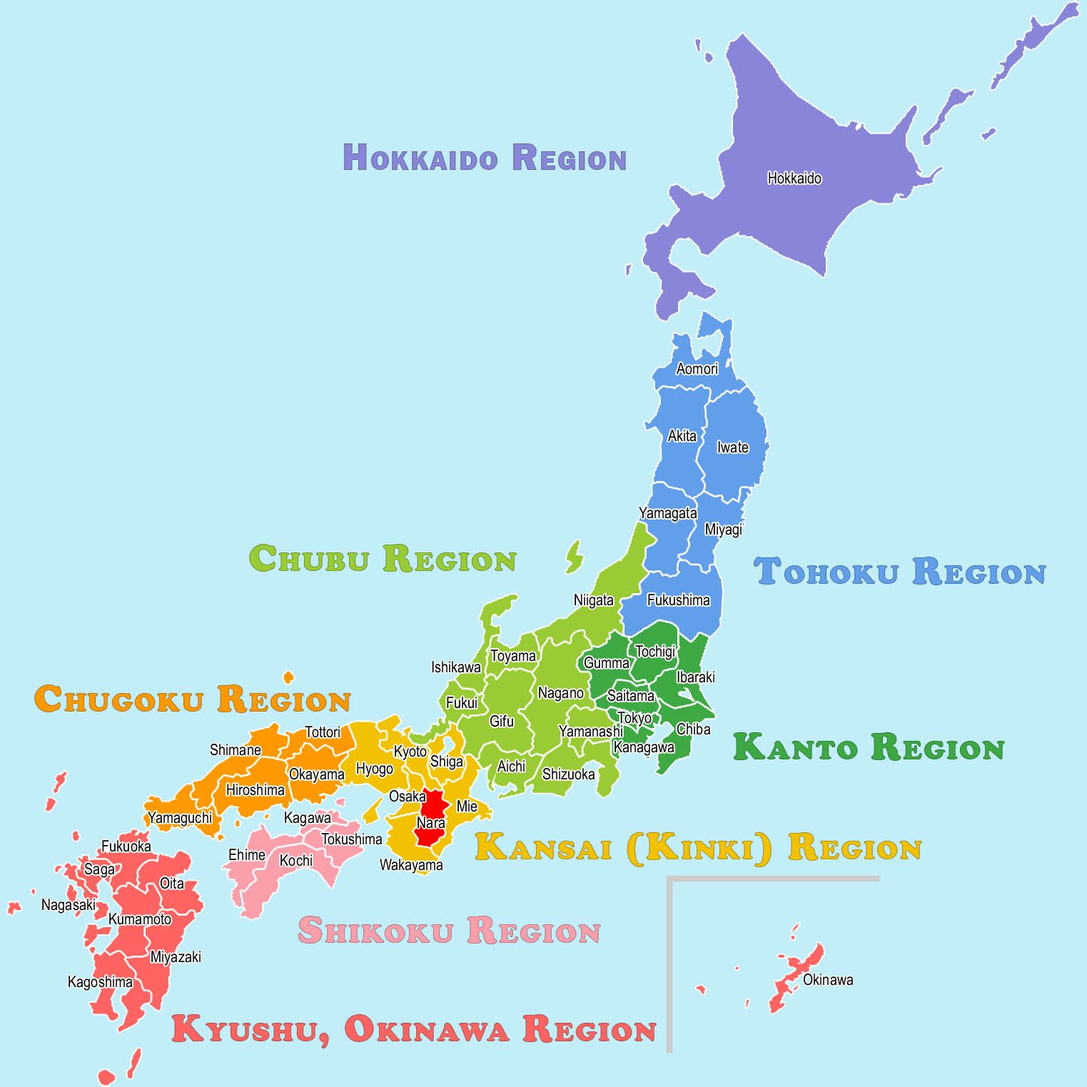 Map of Japan divided into regional districts with names and color codes including Hokkaido, Tohoku, Kanto, Chubu, Kansai, Chugoku, Shikoku, Kyushu, and Okinawa regions.