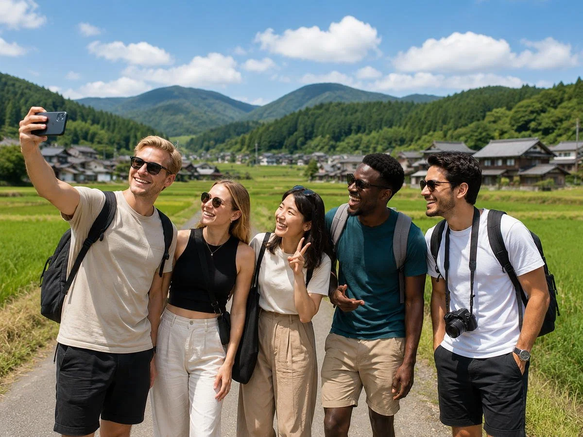 Five international travelers smiling and taking a group selfie on a rural road in Japan, surrounded by green fields, traditional houses, and forested mountains.