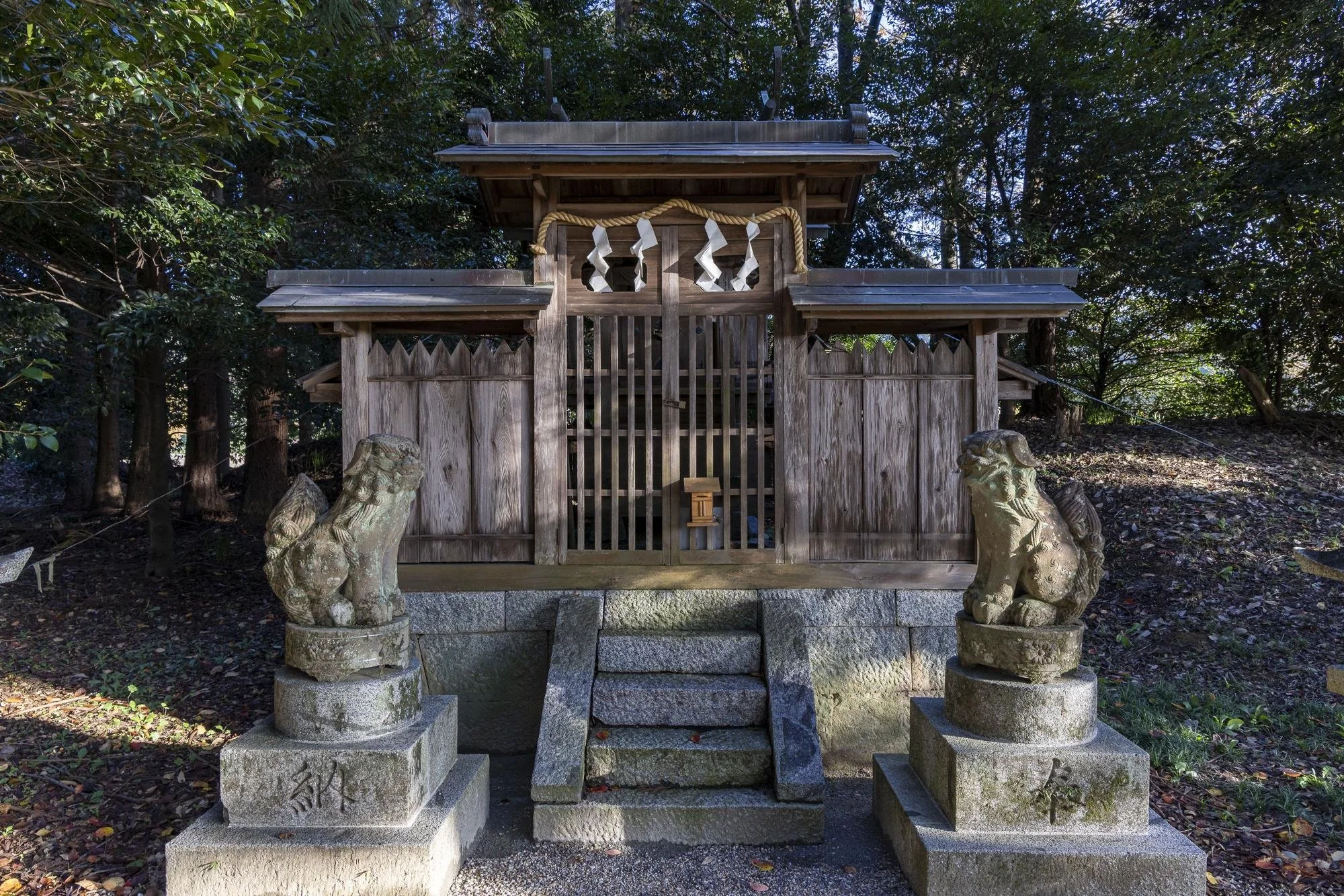 A small wooden Shinto shrine with stone steps and guardian statues in front, surrounded by trees.