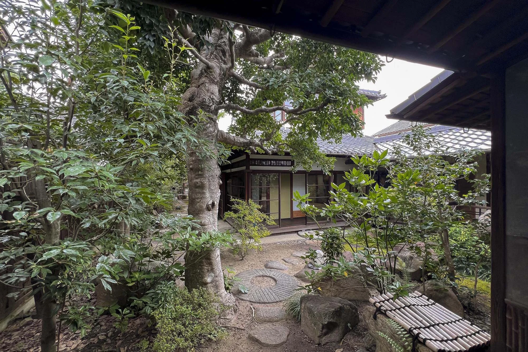 Traditional Japanese garden with a large tree, small plants, rocks, and a wooden house with sliding doors and tiled roof.