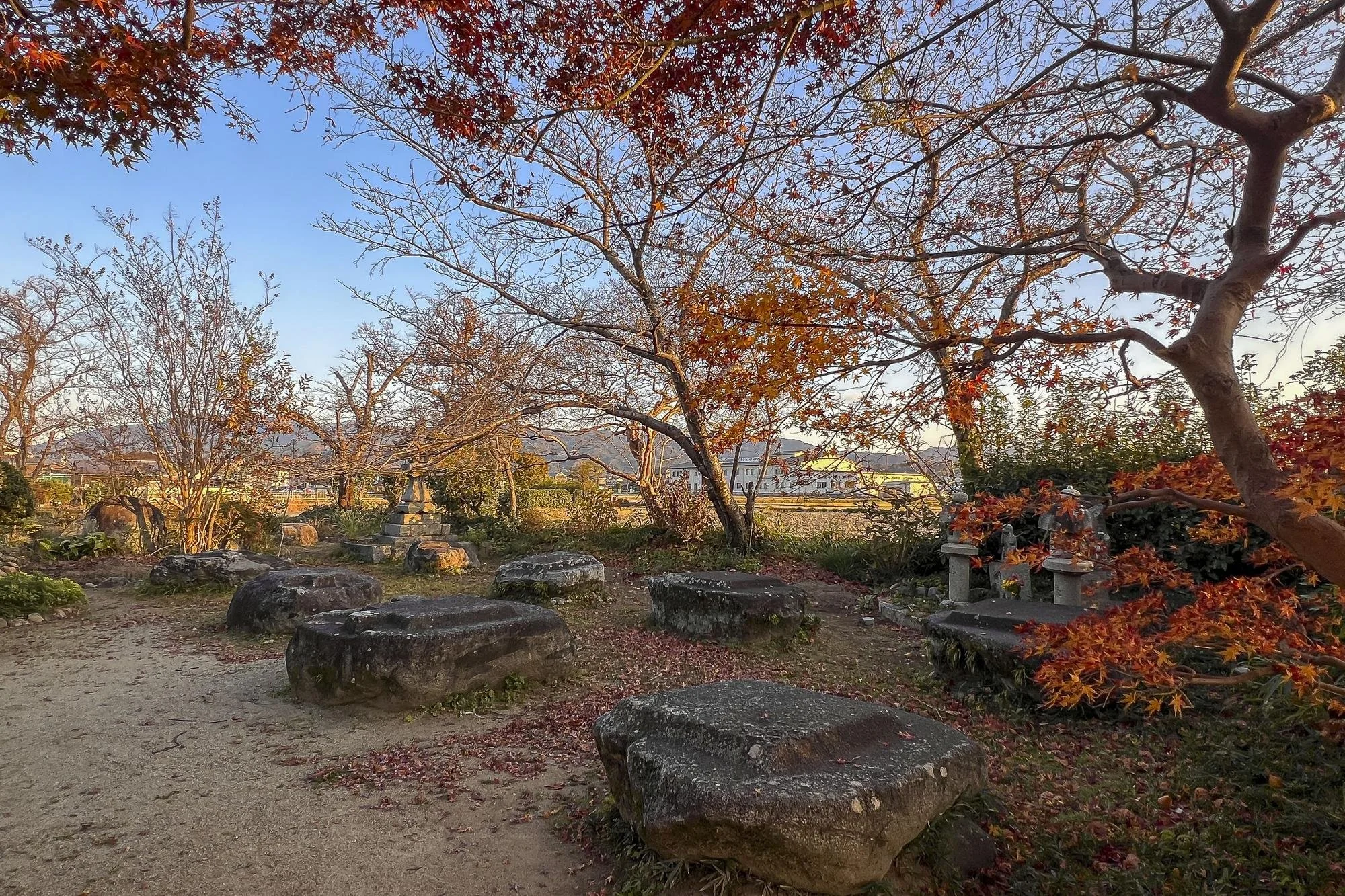 Motoyakushiji Temple Site: A serene Japanese garden during autumn, featuring large rocks on a sandy ground, red and orange maple trees, stone lanterns and small traditional structures, under a clear blue sky.